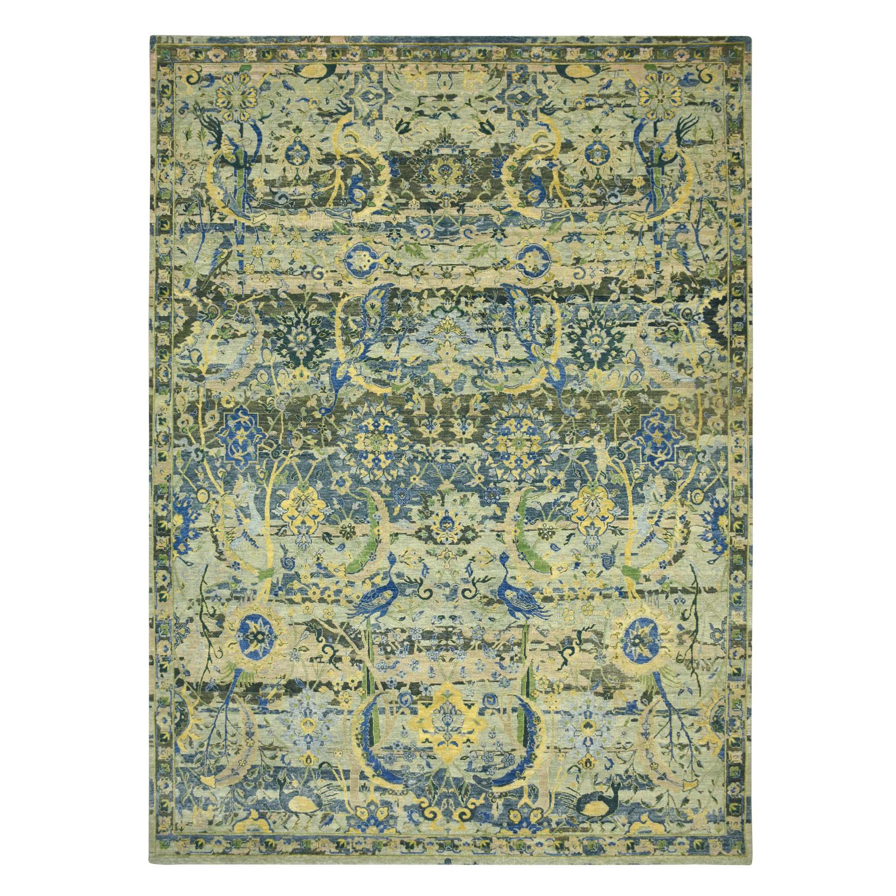 10'1"x14'1" Shades of Green, Broken and Erased Persian Inspired with Birds Design, Distinct Abrash, Shaved Low, Hand Knotted, Pure Wool, Oriental Rug 